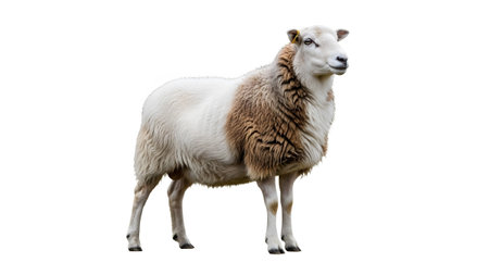 (1957) showing brown and white sheep with shaggy fur standing on a white background.の写真素材