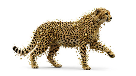 A cheetah with its body covered in golden spheres that appear to be dissolving into particles is...の写真素材