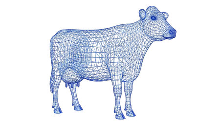 A blue wireframe 3D model of a standing cow is depicted against a white background....