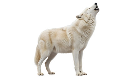 A white wolf stands on a white background, its head tilted back as it howls with its mouth open.