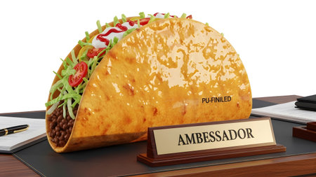 Taco on a desk with nameplate and papers in an office setting.