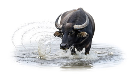 (5242) showing water buffalo walking through water creating splash on white background.