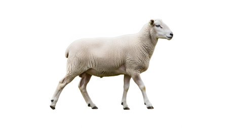 Profile showing white sheep with woolly fleece walking profile view isolated on white...の写真素材