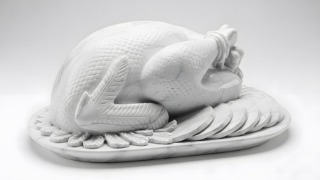 Marble showing white marble sculpture of a whole turkey with sliced sides on a marble...