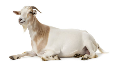 A white and tan goat with short horns and a beard lies peacefully on a plain white background.の写真素材