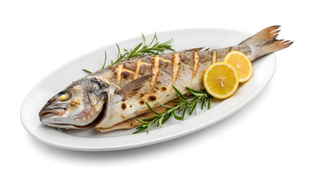 Char showing whole grilled fish with char marks garnished with lemon slices and rosemary on a...