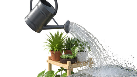 Plants showing watering can pouring water onto potted plants on a wooden shelf with splashing...の写真素材
