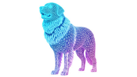 White showing wireframe golden retriever dog sculpture with blue pink gradient on white...