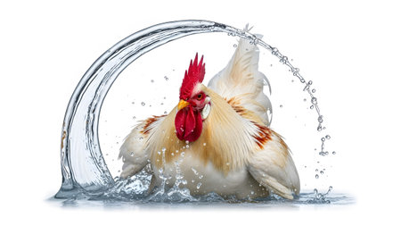 showing white rooster with red comb and wattle splashes water in a circular arc on white...の写真素材