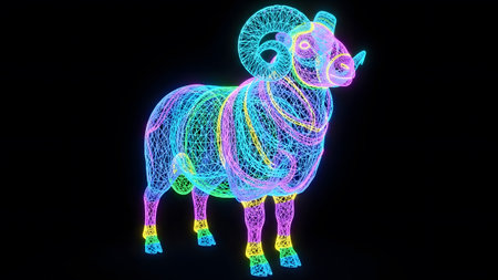showing wireframe sculpture with neon pink blue yellow and green colors on black...の写真素材