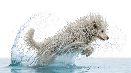 showing white poodle with shaggy fur splashing through clear blue water on white...