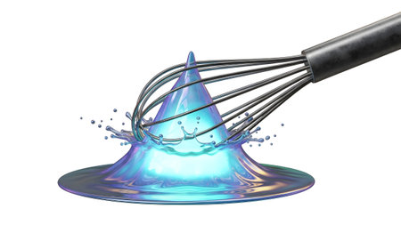 Blue showing whisk creating a splash of iridescent blue liquid with droplets and ripples.