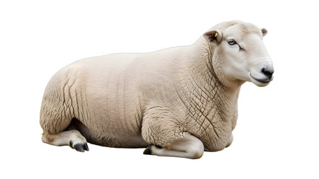 showing white sheep lying down on a transparent background with detailed wool texture....の写真素材