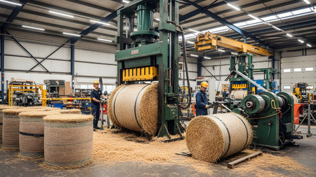 Workers showing workers operating a large industrial bale pressing machine in a factory with...