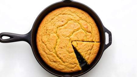 Slice showing golden cornbread baked in a black cast iron skillet with a slice removed.