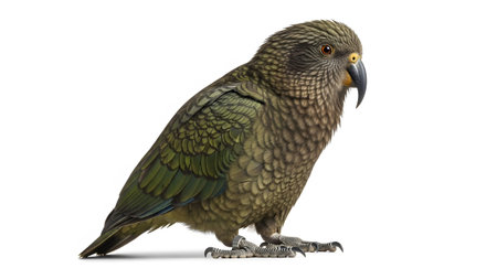 Showcasing showing a new zealand kea parrot with olive green and brown plumage facing right on a...