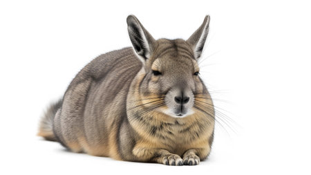 showing viscacha rodent with long ears and striped fur lying down on a white background....
