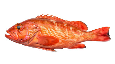 A vivid red rockfish with spiny dorsal fins and textured scales is positioned horizontally on a...