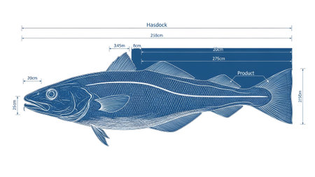 showing blueprint diagram of a haddock fish with detailed measurements and labels showing...