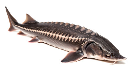 A long dark gray sturgeon fish with prominent bony plates and fins lies on a white background.