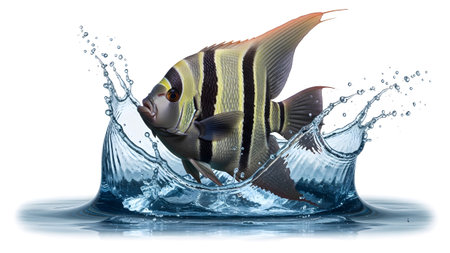 Splash showing angelfish with yellow stripes leaping from blue water splash isolated on white...