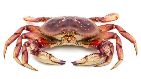Creature showing a detailed front view of a whole purple and orange crab with prominent claws...