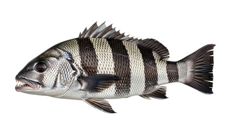 A side view of a sheepshead fish with distinct black and white vertical stripes and visible...