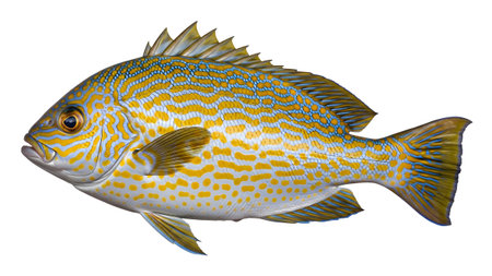 A detailed studio shot of a vibrant reef fish with yellow spots and blue markings on a white...