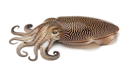 A cuttlefish a patterned mantle and curled tentacles, presented isolated on a bright white...の写真素材