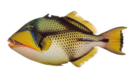 A richly colored reef triggerfish with intricate yellow, blue, and black patterns is presented...の写真素材