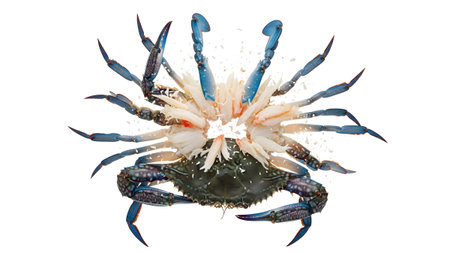 A blue crab is shown exploding outwards with white meat fragments and liquid splashes against a...の写真素材