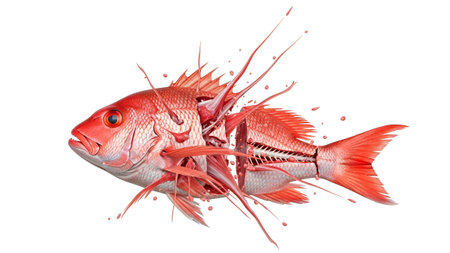 A red snapper fish is shown exploding with internal organs and liquid splattering outwards...