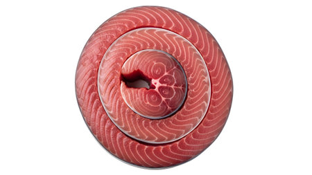 A raw tuna fillet is presented in a circle, showcasing its deep red flesh and distinct white...