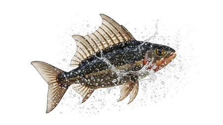 A dark striped fish with flared fins is captured mid-splash, surrounded by water droplets...