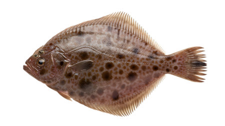A flatfish with mottled brown spots and prominent fins is centered on a clean white background.