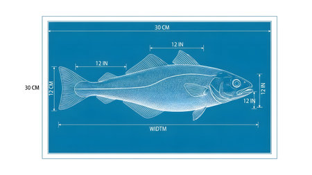 showing fish blueprint with dimensions in centimeters and inches on a blue background....