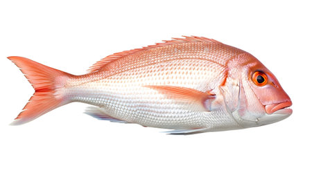 A whole red snapper fish with detailed scales and bright orange eyes, presented in a studio shot...