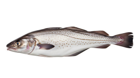 Whole showing fresh whole haddock fish with speckled pattern and dark fins isolated on white...