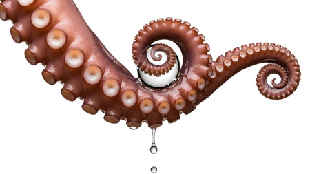 A coiled octopus tentacle displaying numerous suckers, with a water droplet falling from its...