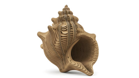 An intricately detailed layered cardboard sculpture of a spiral seashell is presented against a...