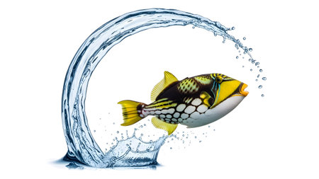 Splash showing bright yellow triggerfish with patterned scales leaps through a dynamic water...