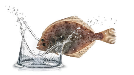 White showing flatfish splashing into clear water with droplets and white background isolated....