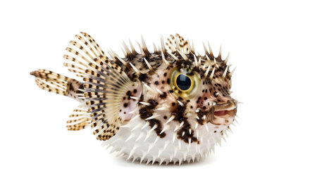 White showing pufferfish with spikes inflated and open mouth isolated on white background.