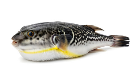 A pufferfish with a spiky white underside and a dark patterned back with yellow accents.