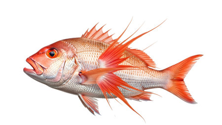 red snapper fish with orange fins and eyes isolated on white background.