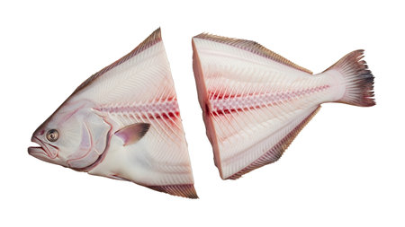 Internal showing raw flatfish cut into two pieces revealing its internal skeletal and muscle...の写真素材