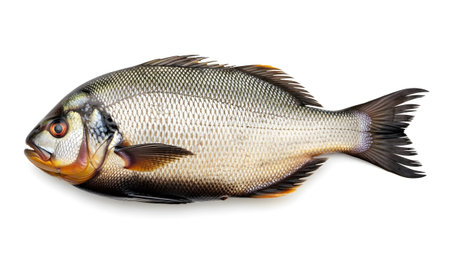 Accents showing round fish with silver scales and orange accents isolated on white background...