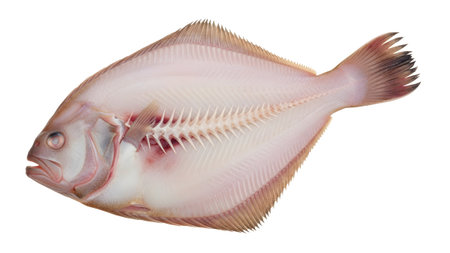 Flesh showing raw flounder fish filleted showing rib bones and flesh on white background.