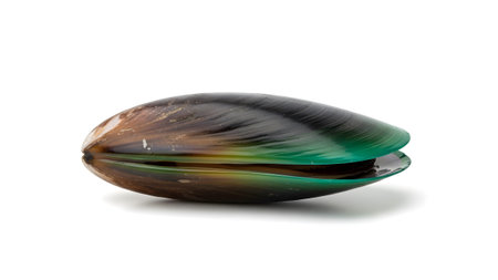 Mussel showing closed mussel shell with green and brown iridescent hues on white background....
