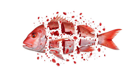 A red snapper fish is depicted in a state of explosion, with its body fragmented into pieces and...